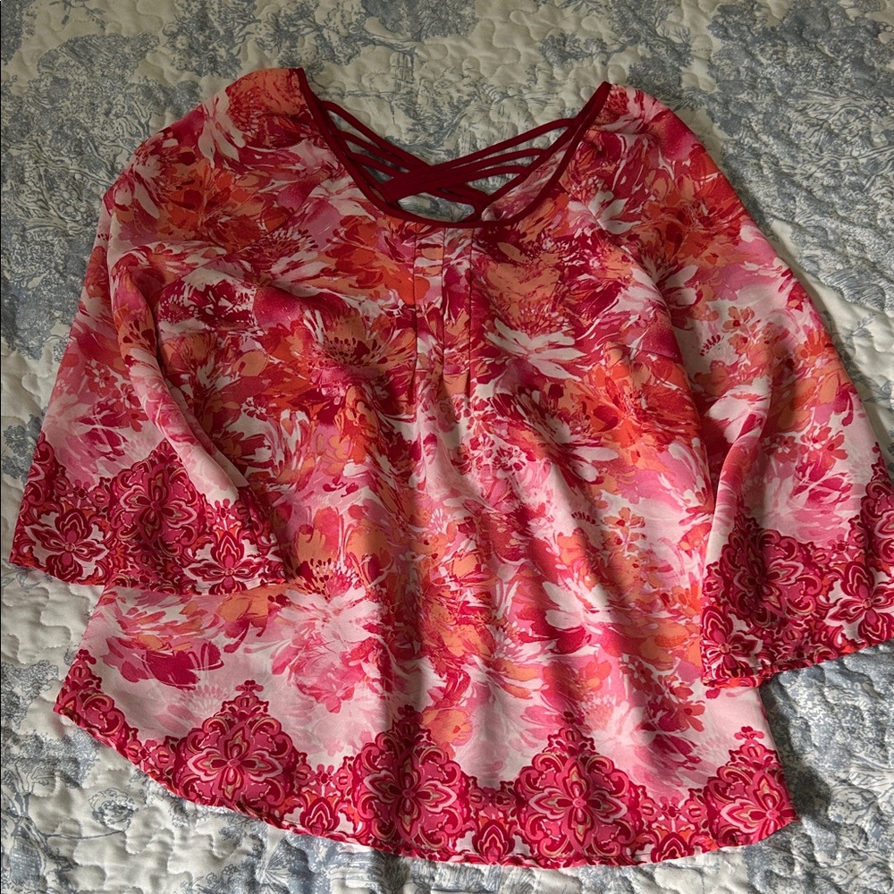 New Directions Pink and Red Floral Blouse